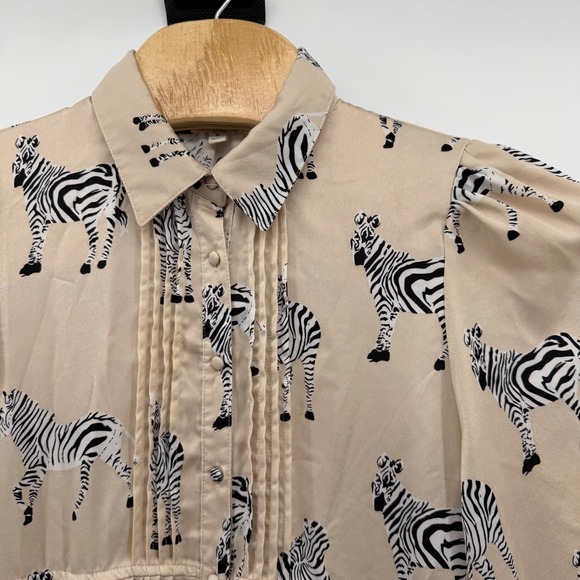 UMGEE Women's Beige Zebra Print Pleated Button Up Shirt Dress high lo Medium - Picture 4 of 8